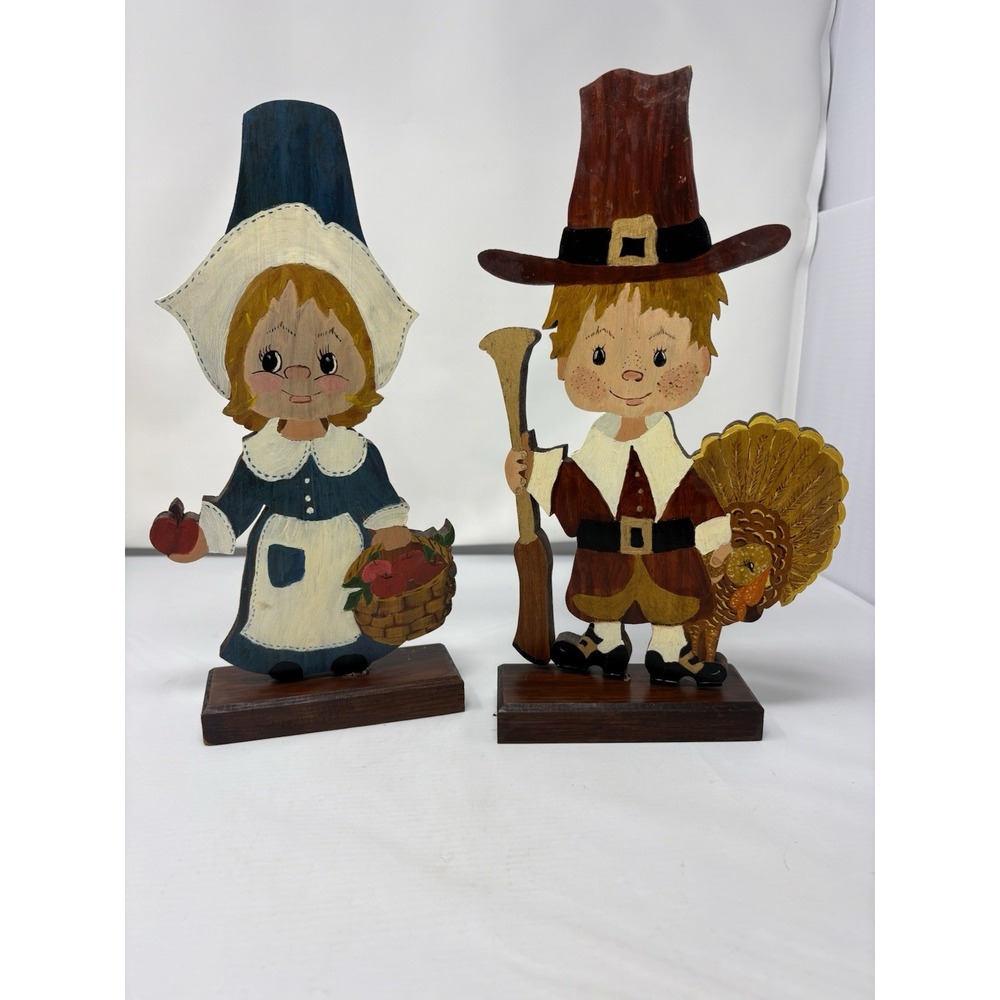 Folk Art 70s Hand Painted Wood Thanksgiving Pilgrims Figures Fall Decor Vintage